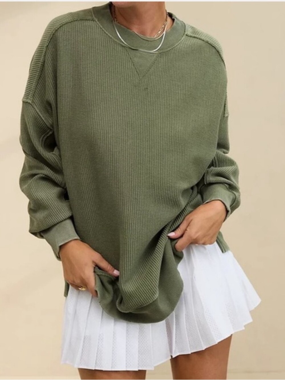Aerie Big Chill Oversized Waffle Knit Distressed Crewneck Sweater Olive Green Sm